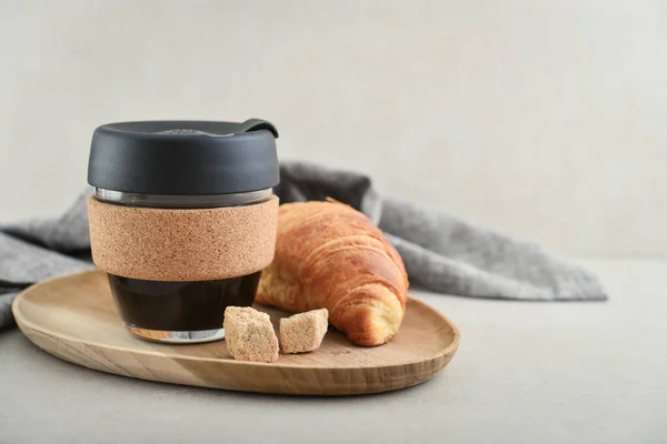 Coffee Reusable Travel Mug Made Glass Cork Band Croissant Tray — Stock Photo, Image
