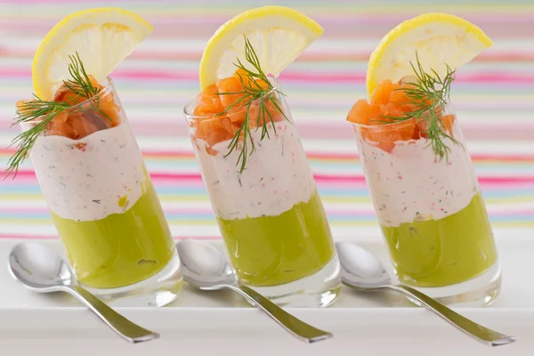 Salmon and avocado mousse on white plate — Stock Photo, Image