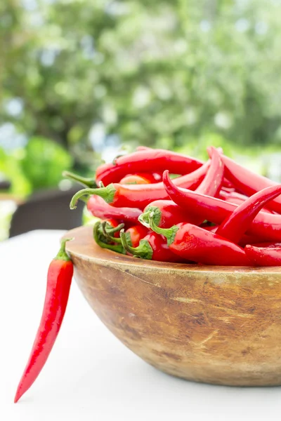Wooden bowl of Hot red chili (chilli) pepper — Stock Photo, Image