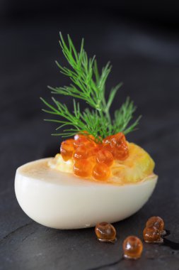 Kırmızı havyar garnitür ve dereotu dekorasyonu ile personel yumurta