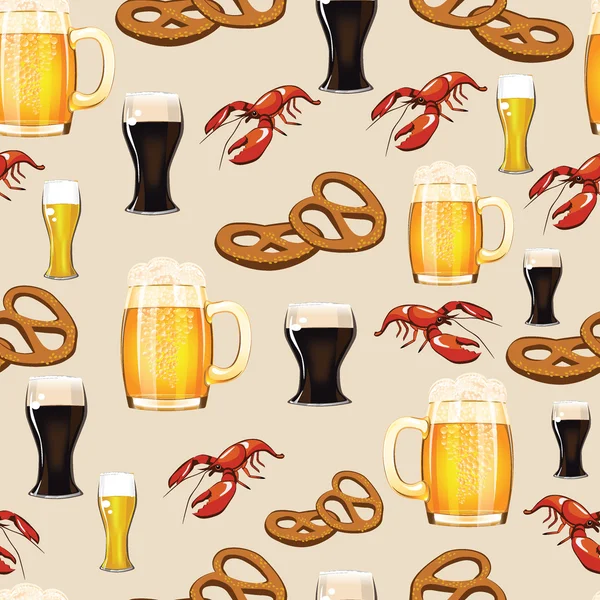 Los vasos con la cerveza, las botellas con la cerveza, la colación por el vector el patrón — Vector de stock
