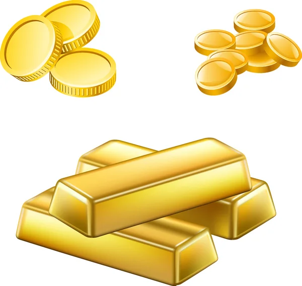 Błyszczący stos złotych monet i sztabek złota — Wektor stockowy