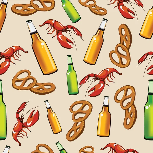 Bottles with beer, snack and crayfish — Stock Vector