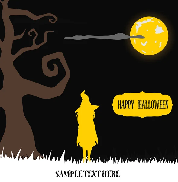 Halloween čarodějnice stojící v žluté měsíční světlo — Stockový vektor
