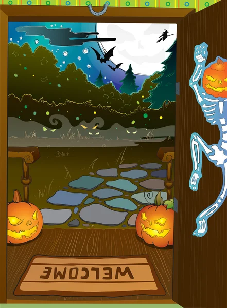 Noche de Halloween fondo con árboles caída colores — Vector de stock