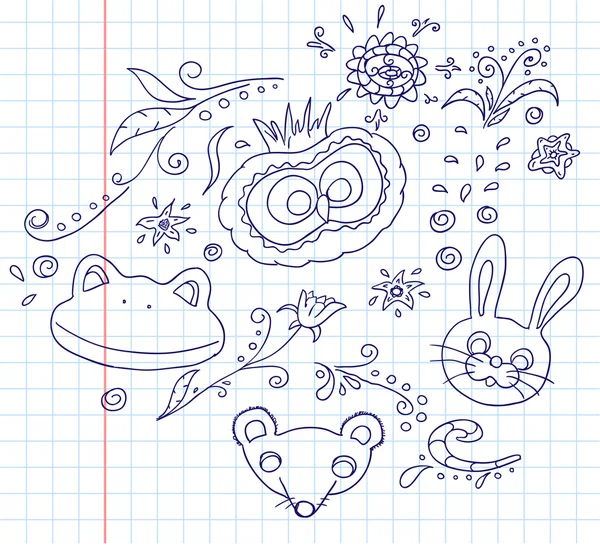 在矢量绘图的花和动物涂鸦 — 图库矢量图片