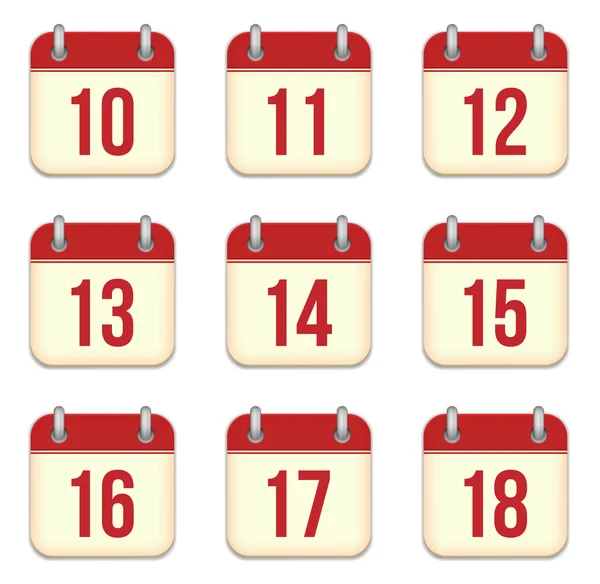 Iconos de aplicaciones de calendario vectorial. 10 a 18 días — Vector de stock