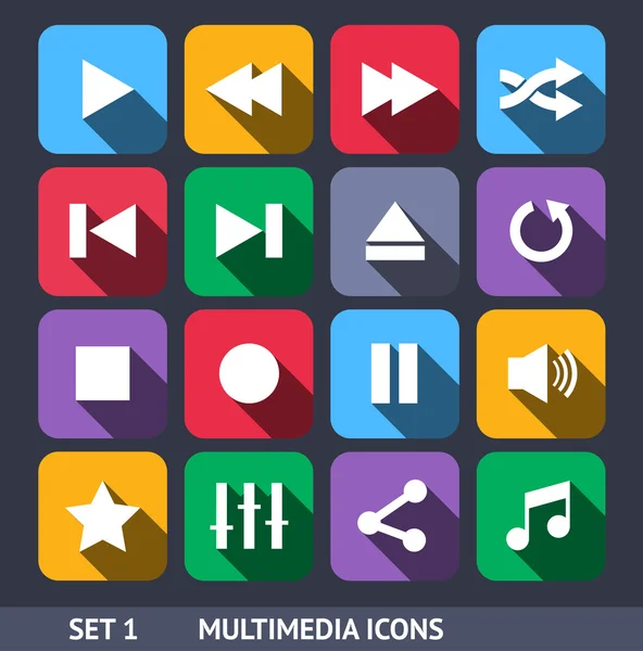 Multimedia Vector Icons With Long Shadow Set 1 — Stock Vector