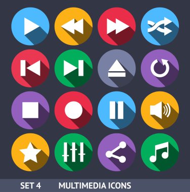 Multimedia Vector Icons With Long Shadow Set 4