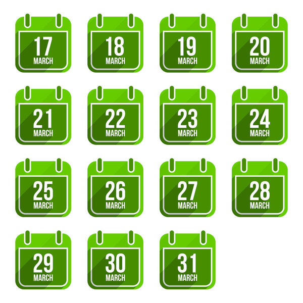 Мартовские векторные плоские иконки календаря с длинной тенью. Календарные дни года 12
