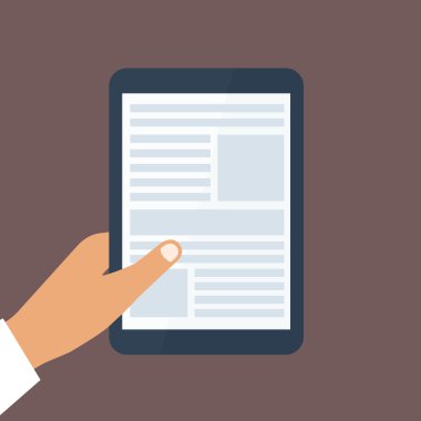 insan eli ile açılan sayfanın sayfa tablet pc tutar. vektör arka plan