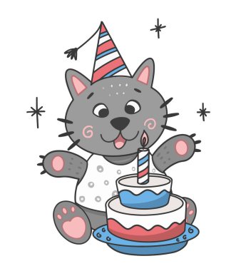 Şirin kedi, pastalı doğum günü kartı.