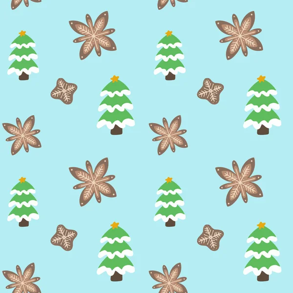 Sömmar jul bakgrund med julgranar och pepparkakor snöflingor — Stock vektor