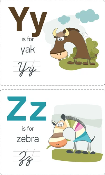 Alphabet with animals. Y-Z — Stock Vector