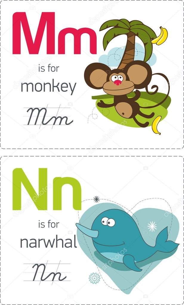 Alphabet with animals. M-N