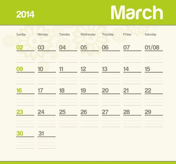 Calendar to schedule monthly. 2014. March. — Stock Vector