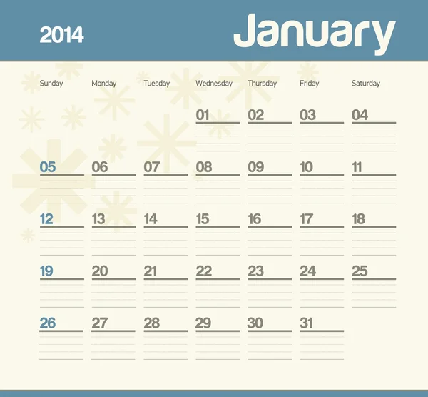 Kalendarz miesięczny harmonogram. 2014 roku. stycznia. — Wektor stockowy