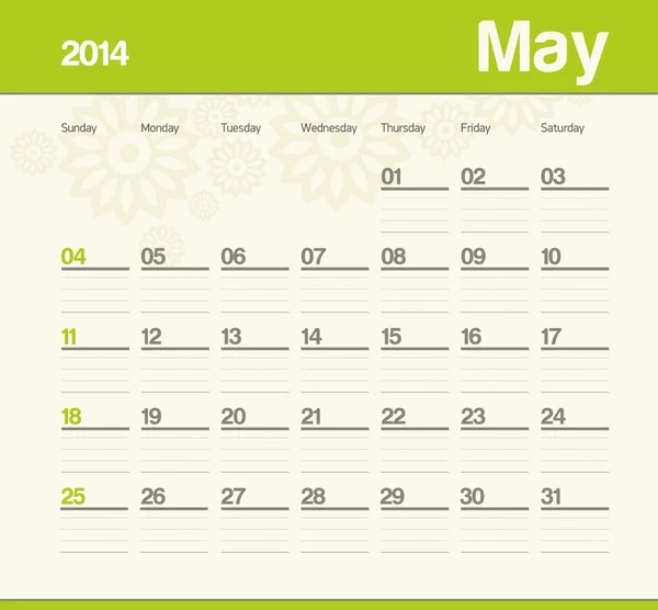Kalendarz miesięczny harmonogram. 2014 roku. maja. — Wektor stockowy