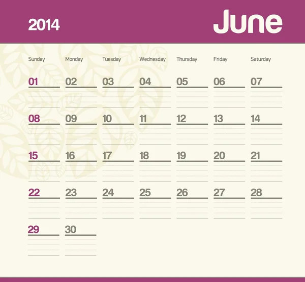 Kalendarz miesięczny harmonogram. 2014 roku. czerwca. — Wektor stockowy