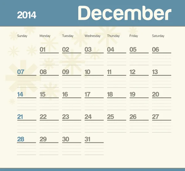 Kalender voor het plannen van maandelijks. 2014. december. Vectorbeelden