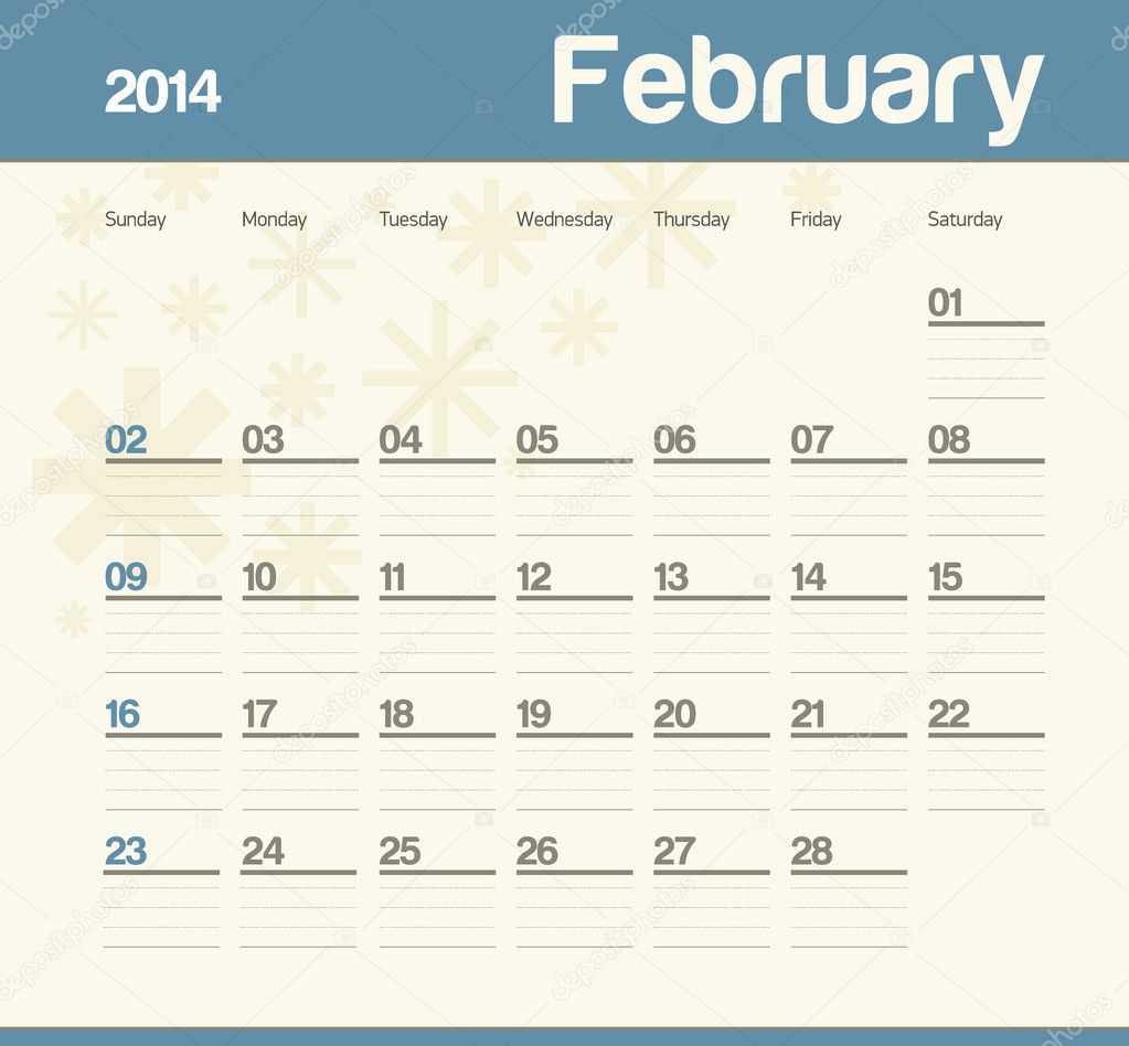 Calendar to schedule monthly. 2014. February.