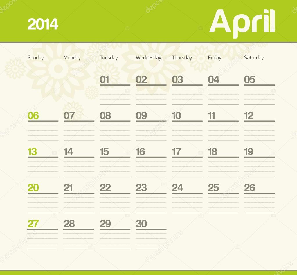 Calendar to schedule monthly. 2014. April.