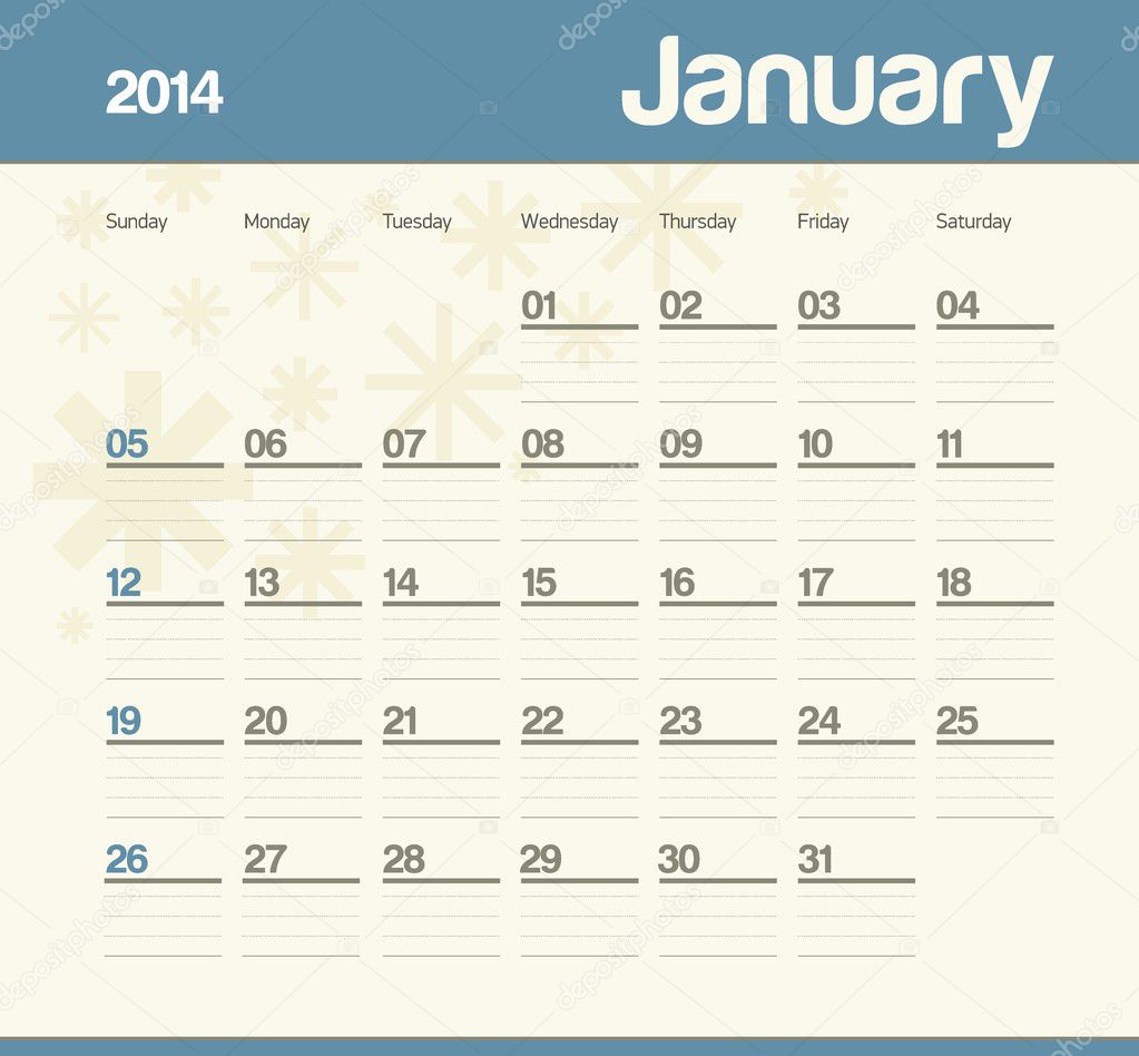 Calendar to schedule monthly. 2014. January.