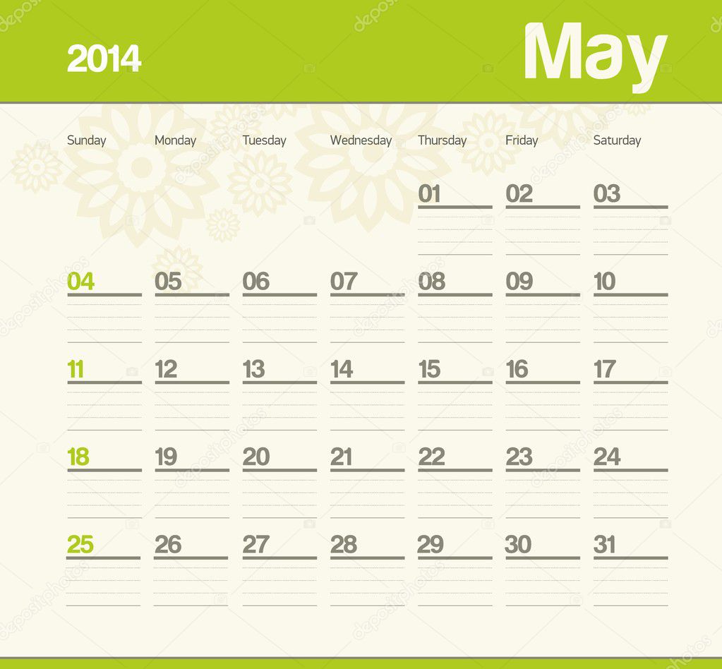 Calendar to schedule monthly. 2014. May.