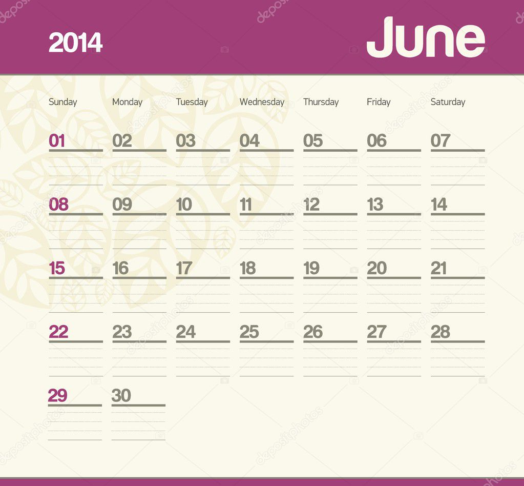 Calendar to schedule monthly. 2014. June.