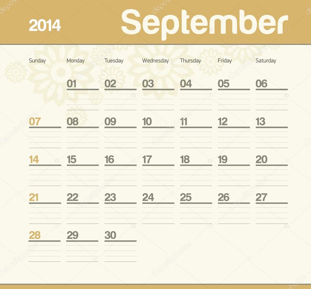 Calendar to schedule monthly. 2014. September.