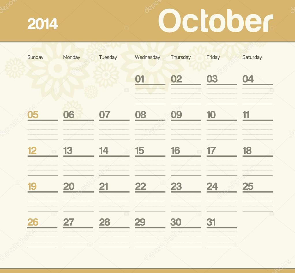 Calendar to schedule monthly. 2014. October.