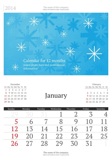 2014 kalender met vectorillustratie. januari. — Stockvector