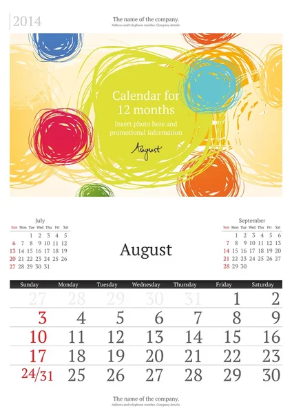 2014 kalender met vectorillustratie. augustus. — Stockvector