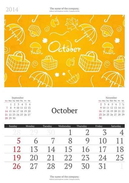 2014 kalender met vectorillustratie. oktober. — Stockvector