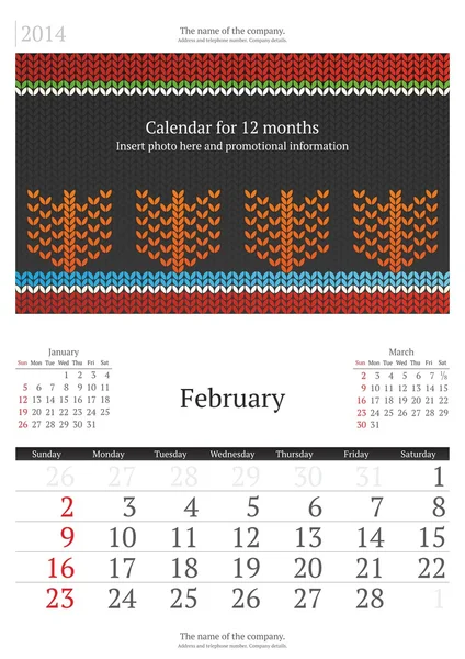 2014 kalender met vectorillustratie. februari. Rechtenvrije Stockvectors