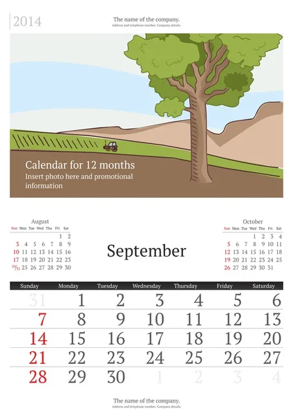 2014 ημερολόγιο με εικονογράφηση φορέας. Σεπτεμβρίου. Royalty Free Διανύσματα Αρχείου