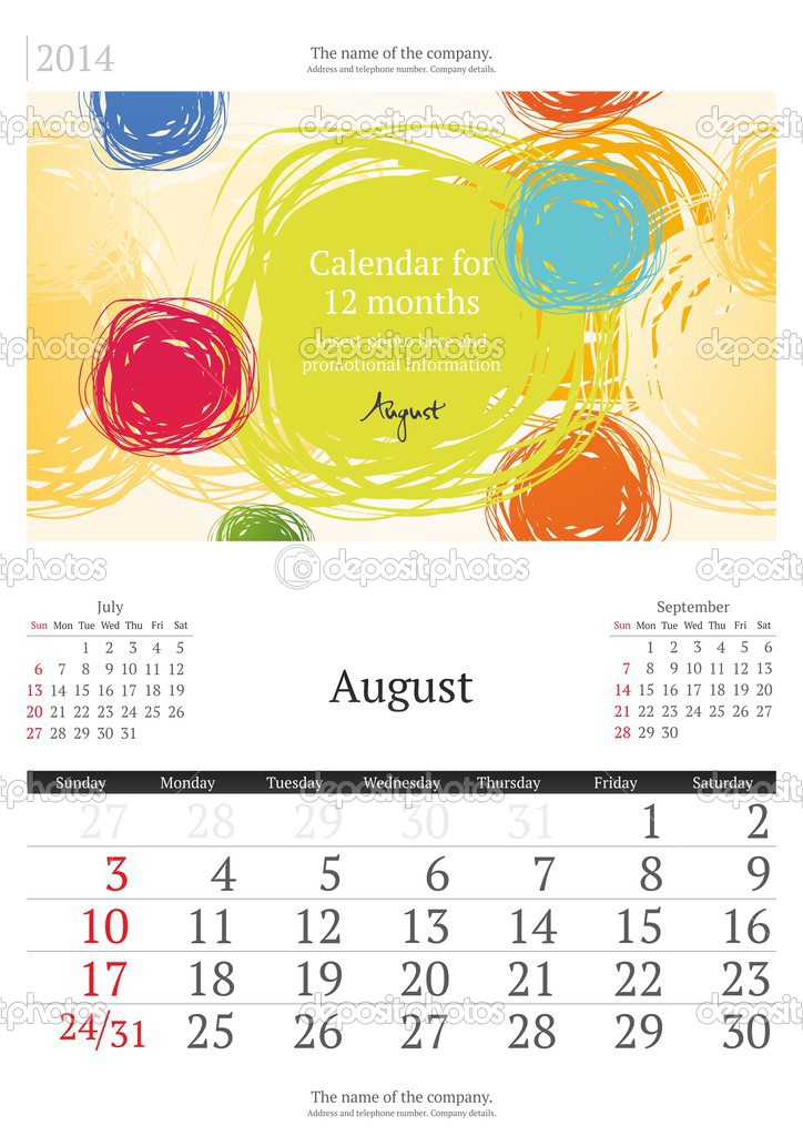 2014 calendar with vector illustration. August.