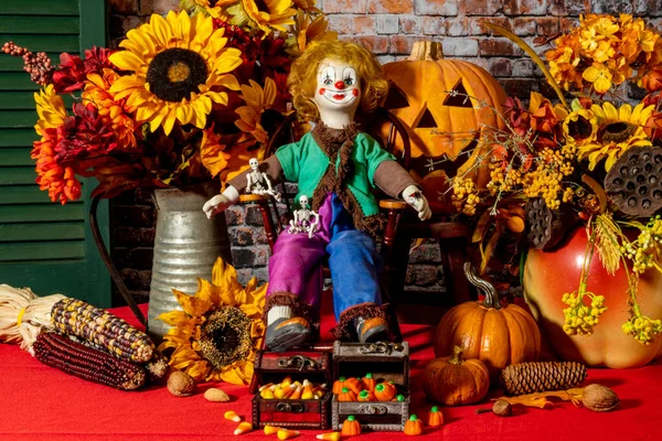 Rustic Halloween Still Life Old Clown Doll Sitting Chair Front — Foto de Stock
