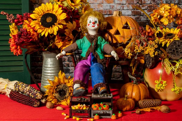 Rustic Halloween Still Life Old Clown Doll Sitting Chair Front — Foto de Stock