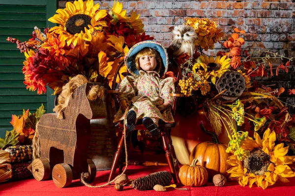 Autumn Still Life Child Doll Sitting Chair Surrounded Autumn Foliage — Foto de Stock