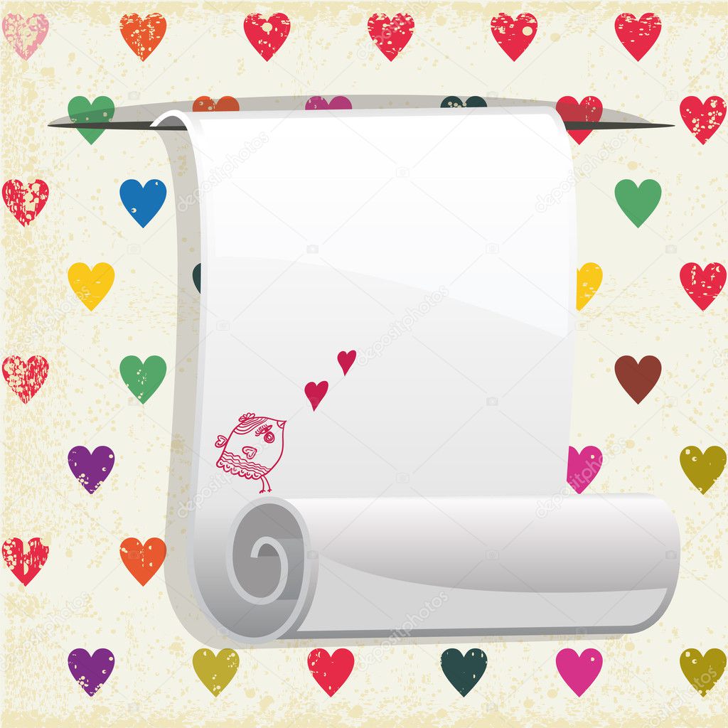 Paper blank on seamless pattern with colorful hearts.