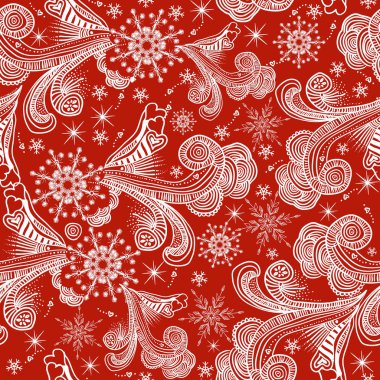 kırmızı zemin üzerine beyaz kar taneleri ile sorunsuz kış desen