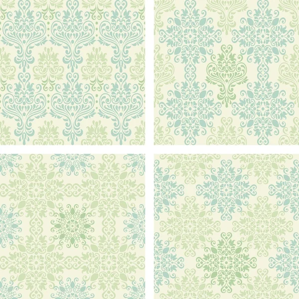 Set van naadloze kleurrijke damast patronen in blauwe en groene kleur — Stockvector