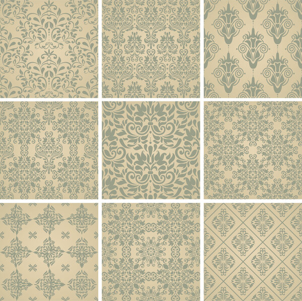 set of seamless background of green color in the style of Damascus