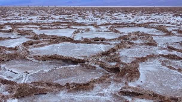 Gladde Zoutvallei Met Gebarsten Gezwollen Zout Dood Zoutlandschap Death Valley — Stockvideo