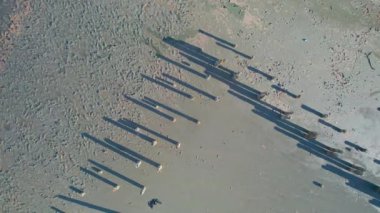 Antik ahşap sütunların gölgeleri tuzlu çamur, hava manzarası, insansız hava aracı atışı. Kuyalnitsky haliçleri, Ukrayna