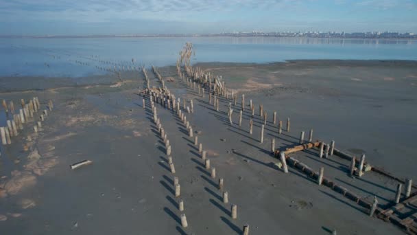 Aerial View Kuyalnik Estuary Remnants Old Salt Works Wooden Pillars — Stock Video
