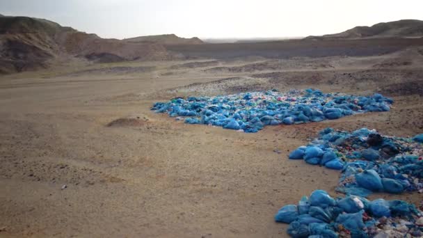 埃及沙漠里的垃圾堆 野外旅馆里的塑料瓶和各种垃圾 — 图库视频影像