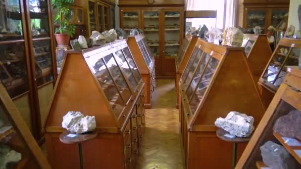 Odessa Ukraine Czerwiec 2019 Zabytkowe Gabloty Eksponatami Muzealnymi Muzeum Mineralogicznym — Wideo stockowe