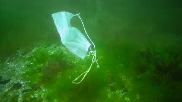 塑料在水下 Covid 19大流行后的医疗面罩在海里游泳 环境污染 大流行病结束后 人们抛出医疗面罩 — 图库视频影像